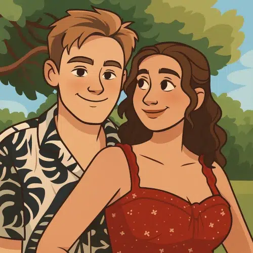 Our in-house created cartoon drawing of Chloandmatt